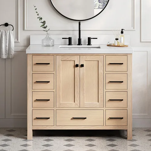 Miniatura 15 de DKB Isabella - Mueble de baño negro de 42 pulgadas con fregadero, lavabo rectangular, encimera de cuarzo blanco puro y protector contra salpicaduras