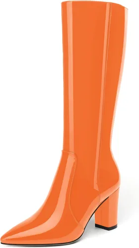 Miniatura 8 de AMBELIGHT Botas altas hasta la rodilla con cremallera y puntera puntiaguda para mujer, de patente sólida, tacón alto, 3.3 pulgadas