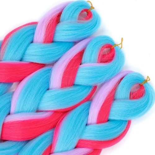 Miniatura 4 de 3 piezas de cabello trenzado de color azul y rosa para niña, cabello de color para trenzar de 24 pulgadas (rosa intenso-azul-morado)