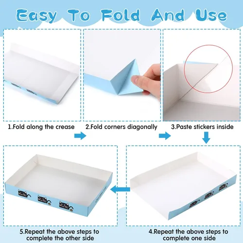 Miniatura 6 de Paquete de 30 cajas de arena desechables para gatos, bandeja de papel plegable para gatitos de 13.8 x 10 x 2 pulgadas, caja de cartón pequeña y Azul