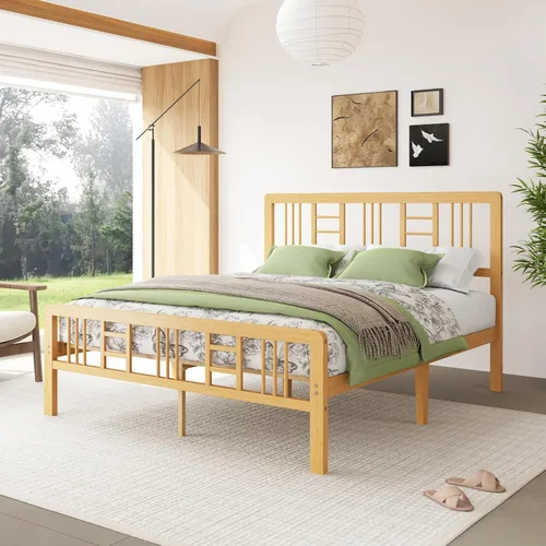 Miniatura 12 de Marco de cama de madera de bambú de 12 pulgadas con cabecero y estribo, marco de cama con soporte de listones de metal, resistente, no necesita
