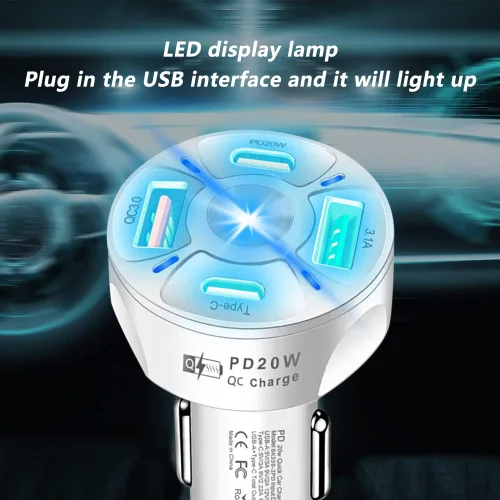 Miniatura 3 de Cargador de coche de carga rápida de 65 W, 4 puertos, adaptador de encendedor de cigarrillos, con QC 3.0 15W y PD 20W y cargador de teléfono
