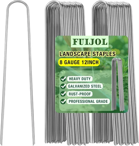 FUIJOL - Paquete de 100 grapas de paisaje de calibre 8, 12 pulgadas, 15, 25, 50, paquete de 100 estacas de paisaje resistentes en forma de U, grapas