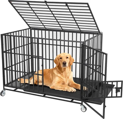 Miniatura 9 de Garvee Jaula para perros de 42 pulgadas, resistente de metal, a prueba de escapes, con 3 puertas, bandeja extraíble, jaula grande con ruedas