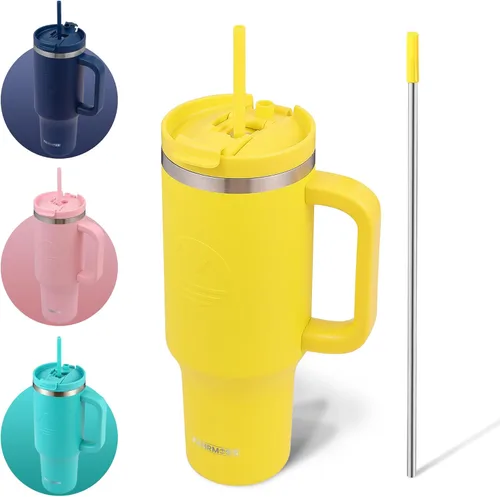 Miniatura 25 de FAHRMOSIS Vaso de 40 onzas con asa y pajita, taza aislada que cabe en el portavasos para bebidas frías y calientes, vaso a prueba de fugas