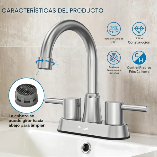Miniatura 3 de Grifos de baño, grifo de baño de 3 agujeros, grifo de lavabo de baño, grifo para lavabo de 4 pulgadas con 2 manijas tipo centerset, libre de plomo