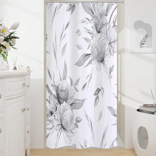 Miniatura 16 de Litabel Cortina de ducha bohemia con estampado floral de acuarela azul y gris, estilo de pintura de tinta, cortinas de ducha de flores y hojas