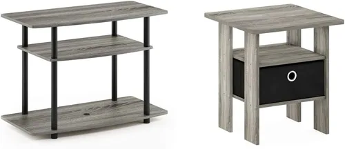 Furinno Turn-N-Tube No Tools - Soporte de TV con centro de entretenimiento de 3 niveles, roble francés gris/negro y Andrey, mesa auxiliar, mesita de