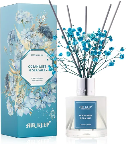 Airkeep Juego de difusor de junco, 3.38 onzas líquidas (3.4 fl oz), difusor de aceite de niebla marina y sal marina con 8 varillas de caña, difusor