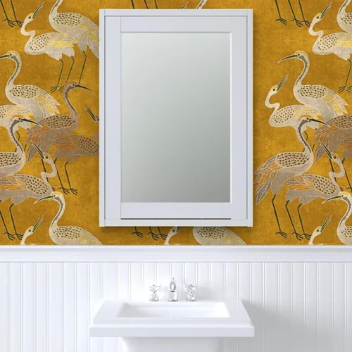Miniatura 9 de Spoonflower Papel tapiz para despegar y pegar - Grúas Art Deco Golden Birds Gold Oriental Texture Silver Papel pintado extraíble personalizado