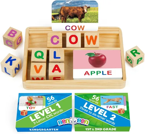 Miniatura 9 de BenBen Juegos de Ortografía, 224 Tarjetas de Memoria, 208 Fichas de Letras de Madera, 1-4 Jugadores, Juegos de Aprendizaje para Niños de 4-8 Años