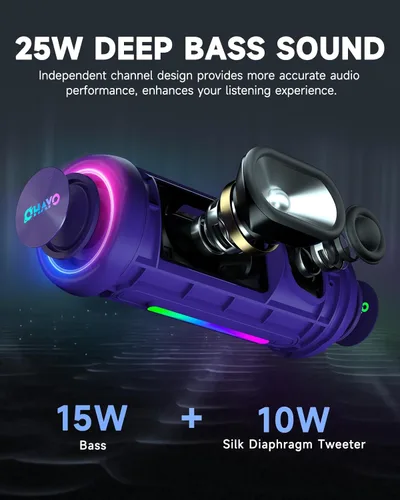 Miniatura 4 de OHAYO - Bocina Bluetooth 5.3, portátil, inalámbrica, impermeable IPX7, sonido potente de 25 W, 24 horas de reproducción, emparejamiento dual, graves