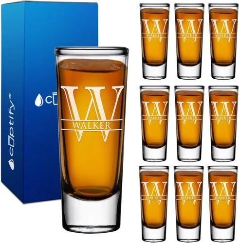 Miniatura 79 de Vaso de chupito personalizado con fondo verde azulado personalizado de 2 oz, vasos de chupito cordial con inicial en script dividido y nombre