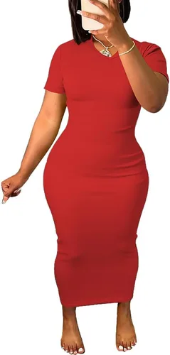 Women's Casual Short Sleeve Dress T Shirt Bodycon Dresses V Neck Maxi Sundress Basic Party Club Dress