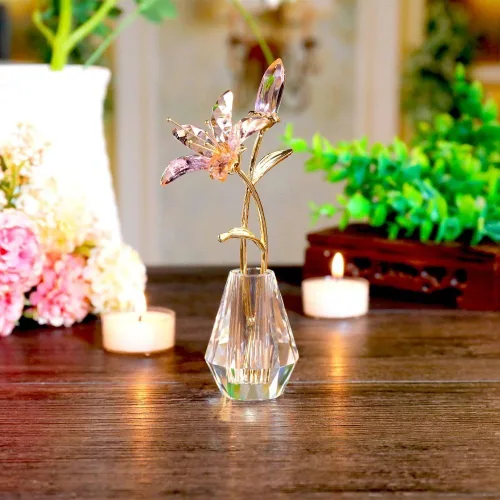 Miniatura 3 de Flores de lirio de tigre de cristal con jarrón de cristal, tallo de metal, lirio rosa, regalos coleccionables para mujeres, figuras florales