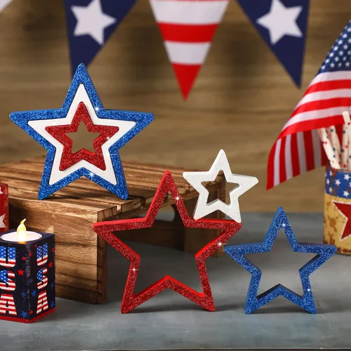 Miniatura 4 de Blulu 6 piezas de decoraciones patrióticas del 4 de julio, decoración de mesa para el Día de los Caídos, letreros de estrella de madera, rojo