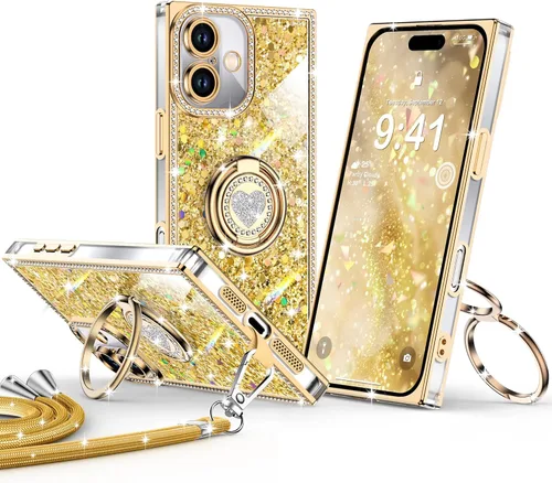 Miniatura 20 de XYZ Funda para iPhone 13, con purpurina brillante con soporte de corazón de 2 anillos y cordón, funda protectora a prueba de golpes con diamantes