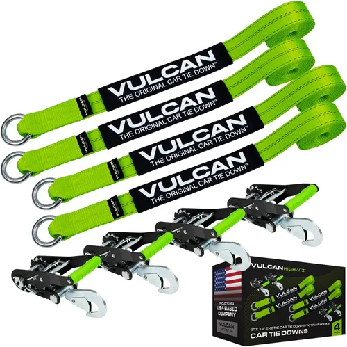 Miniatura 9 de VULCAN Sistema de amarre de llantas de automóvil con trinquetes, 2 x 144 pulgadas, paquete de 4, amarillo clásico, carga de trabajo segura de 3,300