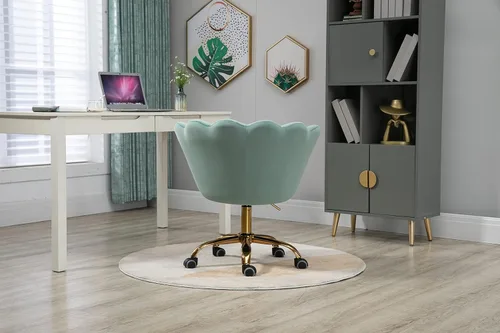 Miniatura 7 de Silla cómoda de oficina en casa con ruedas, linda silla de escritorio ajustable de terciopelo con respaldo de concha marina moderna giratoria