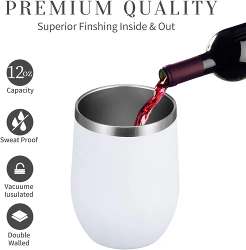 Miniatura 2 de MEWAY Vaso de vino sin tallo de 12 onzas con tapa, vaso de viaje de acero inoxidable con aislamiento de doble pared al vacío con popote, para Blanco