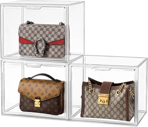 HBlife Paquete de 3 organizadores de almacenamiento de bolsos para armario, caja grande transparente apilable de bolsa con puerta magnética para