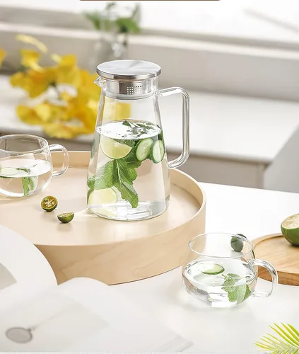Miniatura 2 de Jarra de vidrio de borosilicato con tapa, 1.8L/60 onzas, resistente al calor, jarra de agua con asa para refrigerador, jarra grande de té helado