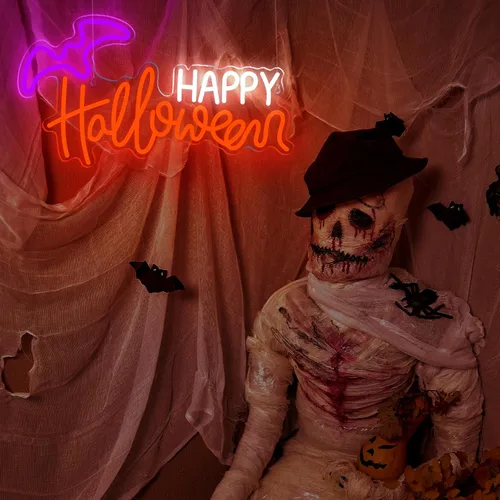 Miniatura 6 de Treela Letrero de neón de Halloween para decoración de pared, luces LED de neón para ventana, funciona con USB, murciélago iluminado para pared