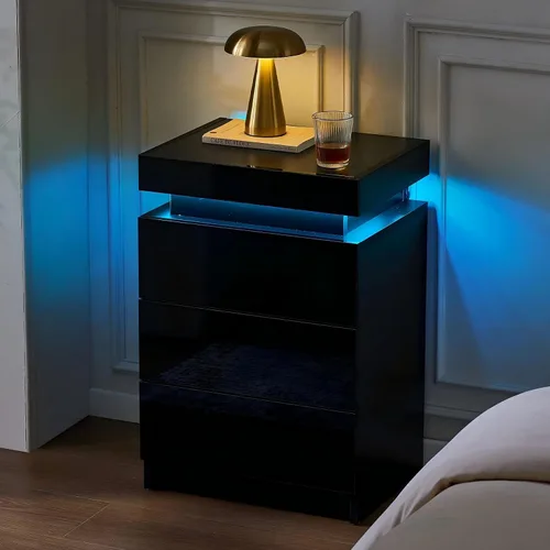 Miniatura 13 de CLIPOP Moderna mesita de noche, mesita de noche LED con 2 cajones de alto brillo, armario de mesita de noche con luz de control remoto, mesita