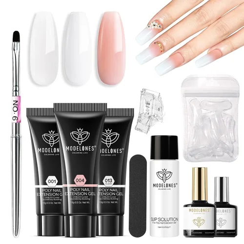 Miniatura 14 de Modelones Kit de uñas de polygel de 133 piezas, kit de gel para extensiones de uñas de 32 colores en primavera rosa pastel con lámpara de uñas, capa