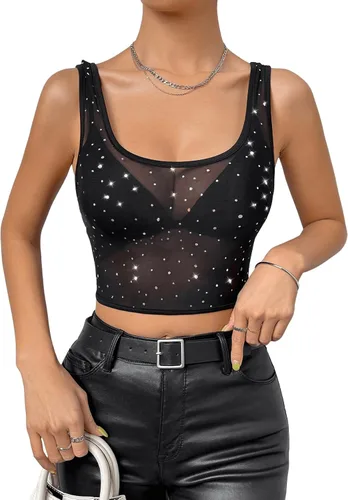 Miniatura 6 de Floerns Camiseta corta sin mangas de malla transparente con cuello redondo y diamantes de imitación para mujer