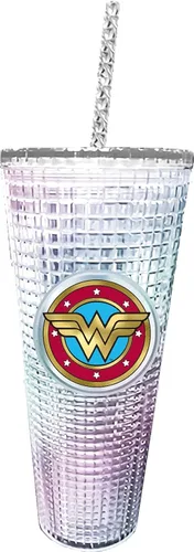 Spoontiques DC Comics Vaso de diamantes Diamond Tumbler, 20 onzas - Taza texturizada con pajita, aislamiento de doble pared, sin BPA - Wonder Woman