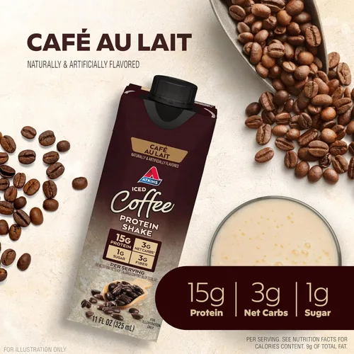 Miniatura 3 de Atkins Café au Lait - Batido de proteína de café helado, 0.55 onzas de proteína, bajo glucémico, 0.11 onzas de carbohidratos netos, 0.04 oz