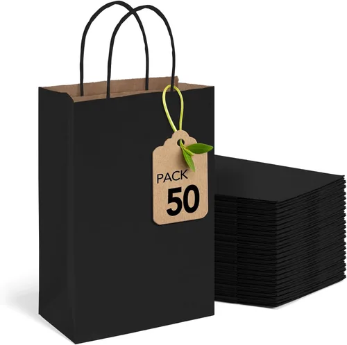 MESHA Bolsas de regalo negras de 5.25 x 3.75 x 8 pulgadas, paquete de 50 bolsas pequeñas de papel negro con asas a granel para pequeñas empresas,