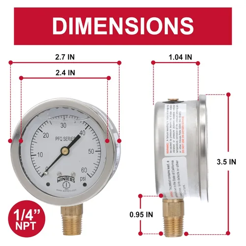 Miniatura 3 de Winters Serie PFQ 304 Medidor de presión de acero inoxidable, con escala única y relleno de líquido, con interior de latón, de 0 a 60 psi