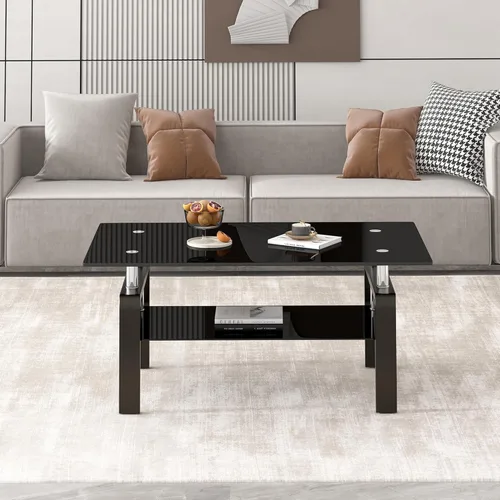 Miniatura 4 de Mesa de centro moderna de vidrio, mesas de té de vidrio templado negro de 2 niveles para sala de estar, rectangular de 39.4 x 23.7 x 17.72 pulgadas