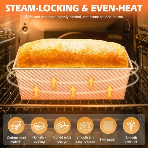 Miniatura 3 de Paquete de 2 moldes para pan con tapas, capacidad de masa de 1 libra, molde para pan Pullman de acero al carbono antiadherente para sándwich casero