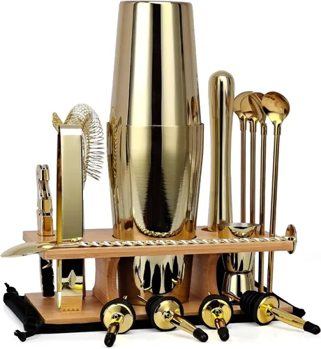 Kit de coctelera de 17 piezas con soporte, coctelera Boston, cuchara mezcladora, Muddler, jigger medidor, exprimidor de limón, pinzas, sacacorchos,
