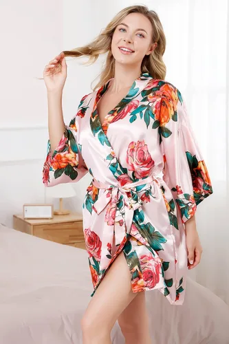 Miniatura 2 de ALHAVONE Bata kimono corta de satén sedoso con flores de rosas para mujer para prepararse