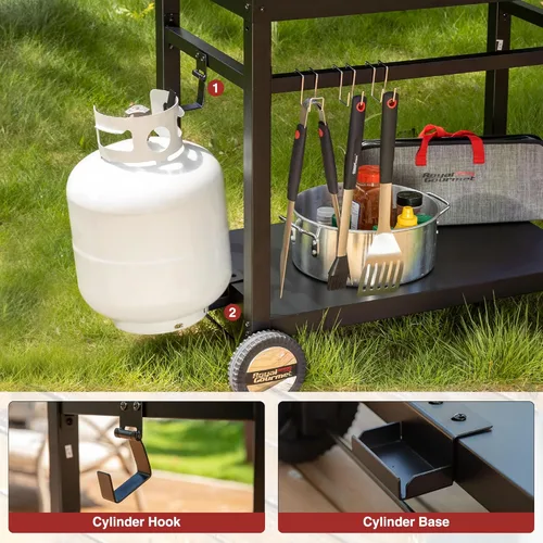 Miniatura 5 de Royal Gourmet Mesa de Carrito de Comedor con Doble Estante, Carrito de Parrilla de Superficie Plana de Acero Inoxidable Móvil, Ganchos, Mango