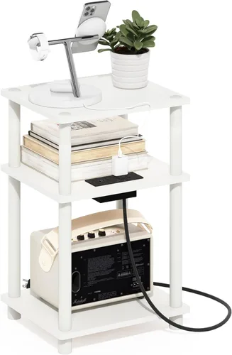 Furinno JUST - Mesa auxiliar moderna de 3 niveles con estación de carga, mesita de noche de fácil montaje, mesita de noche con puerto USB y tipo C,