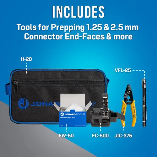 Miniatura 2 de Jonard Tools Kit de limpieza y preparación del conector de fibra óptica TK-184 con VFL, cuchilla de fibra, pelador de fibra y toallitas de fibra