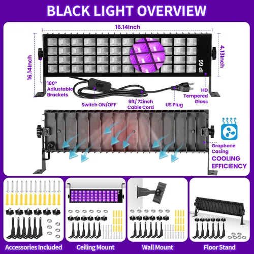 Miniatura 3 de Barra de luz negra de 120 W, luz negra IP66 con enchufe+interruptor+cable de 6 pies, luz negra impermeable con 100 LED, luz negra para fiesta