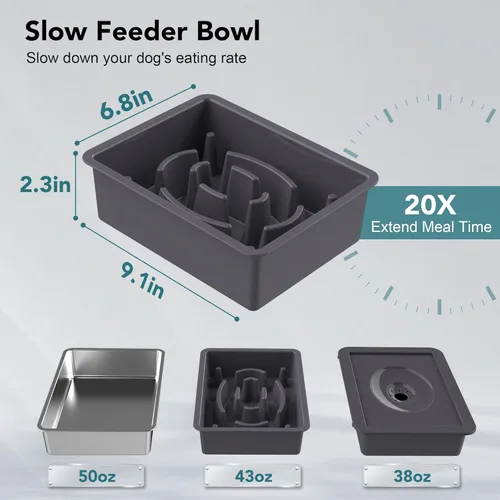 Miniatura 4 de UPSKY Cuencos elevados 3 en 1 para perros, comedero lento, soporte ajustable, dispensador de agua sin derrames, tazón de acero inoxidable para D-3
