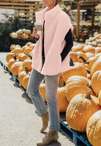 Miniatura 17 de Hongqizo - Chaleco de forro polar mullido para mujer, casual, de gran tamaño, cálido, con botones, chaqueta de sherpa con bolsillos