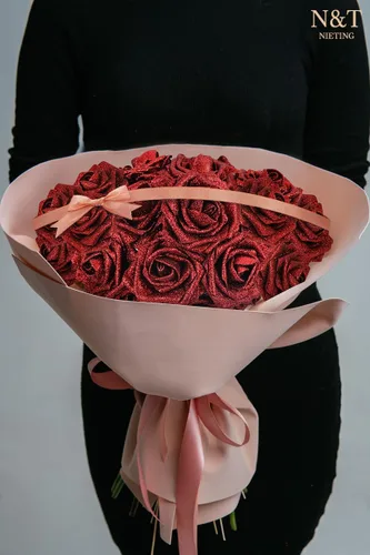 Miniatura 518 de N&T NIETING Flores artificiales, rosas artificiales de color rosa intenso, 50 piezas de flores falsas con tallo para ramos de boda DIY, centros