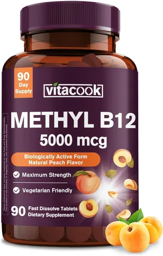 Vitamina B12 sublingual, metilcobalamina 5000mcg para producción de energía, energía, apoyo nervioso y celular, sabor natural de melocotón, vegano,