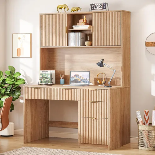 Miniatura 20 de Escritorio ejecutivo Farmhouse de 67" de altura con estante superior, escritorio de oficina con 4 cajones y luz LED, mesa de computadora con Gris