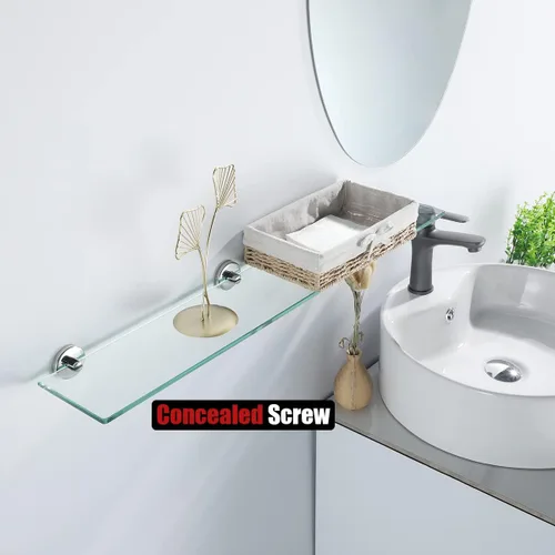 Miniatura 5 de JQK Estante de vidrio para baño cromado, almacenamiento de ducha de vidrio templado 30 por 5 pulgadas, montaje en pared cromado pulido de acero Cromo