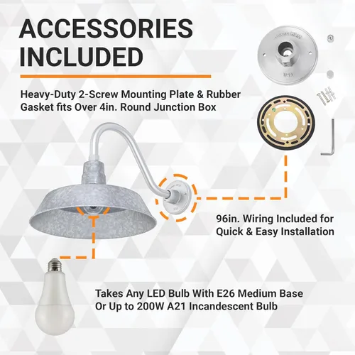 Miniatura 3 de 14 pulgadas. RLM Warehouse - Pantalla con brazo de cuello de cisne y bombilla Led A19 5000K de 9W Galvanizado (paquete de 2)
