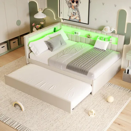 Miniatura 11 de Cama de plataforma tapizada de tamaño individual con puertos USB y luces LED, sofá cama con nido y cabecera en forma de L, cama esquinera suave